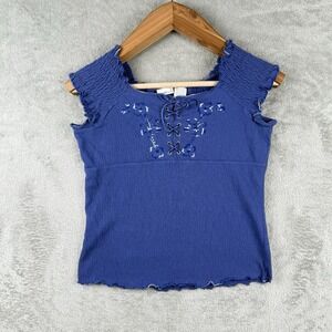 Northcrest Smocked Top Juniors L Womens S Floral Embroidery Ruffle Fairy Y2K VTG